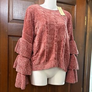 Tiered Ruffle Sleeve Cable Knit Sweater - Dusty Rose